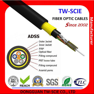 สายเคเบิลไฟเบอร์ออปติกหุ้มเกราะกลางแจ้งน้ำหนักเบา OEM, PE / AT สายเคเบิลเครือข่ายไฟเบอร์ออปติก ADSS เปลือกนอก