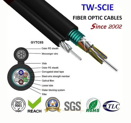 OEM 8 12 24 Core FIG8 สายเคเบิลไฟเบอร์ออปติกรูปที่ 8 ทางอากาศที่รองรับตัวเอง (GYTC8S)