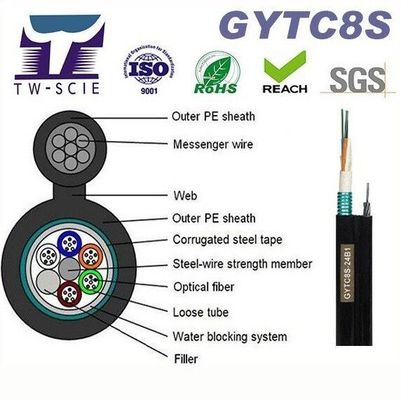 OEM 8 12 24 Core FIG8 สายเคเบิลไฟเบอร์ออปติกรูปที่ 8 ทางอากาศที่รองรับตัวเอง (GYTC8S)