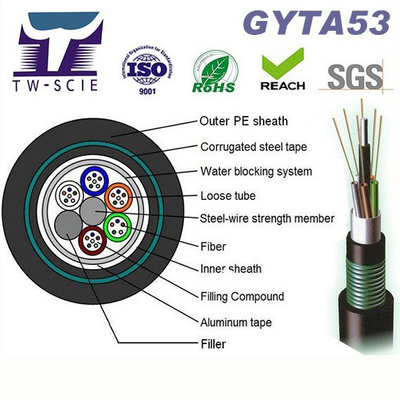 สายเคเบิลไฟเบอร์ออปติกกลางแจ้ง 24 คอร์ OFC สายเคเบิลหุ้มเกราะ GYTA53
